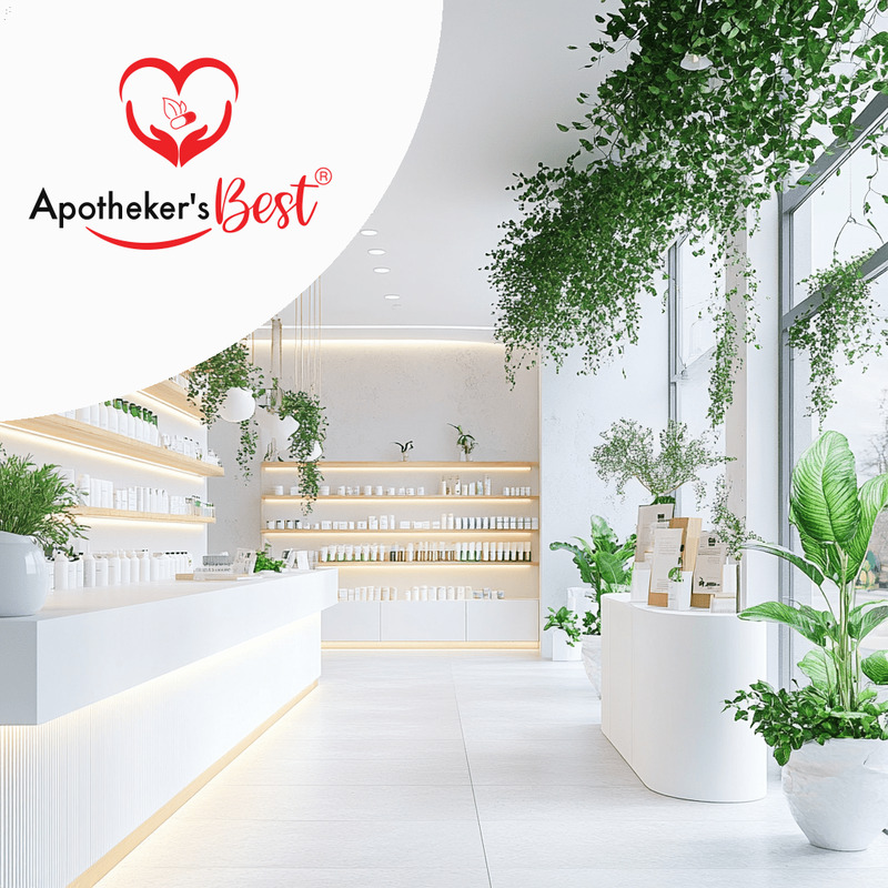 Apotheker&lsquo;s Best – helle, moderne Apotheke mit Pflanzen und Produktregalen