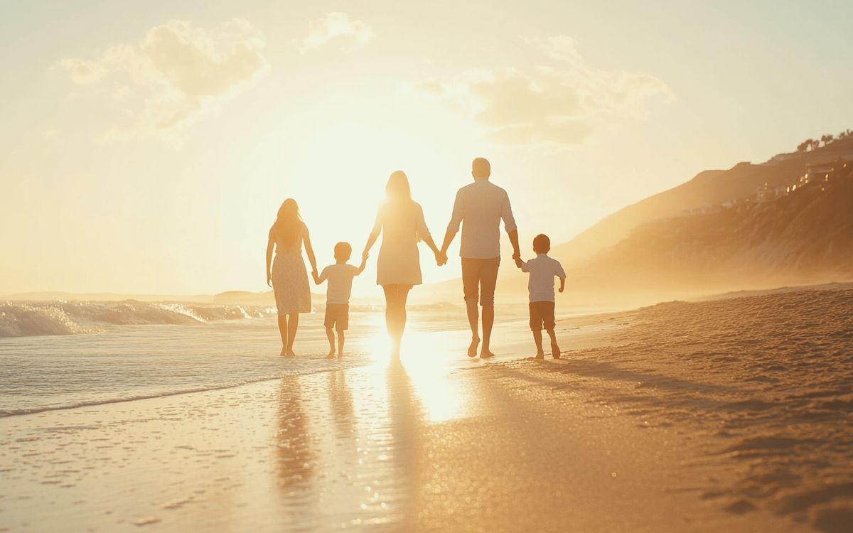 Familie mit zwei Kindern geht bei Sonnenuntergang am Strand spazieren