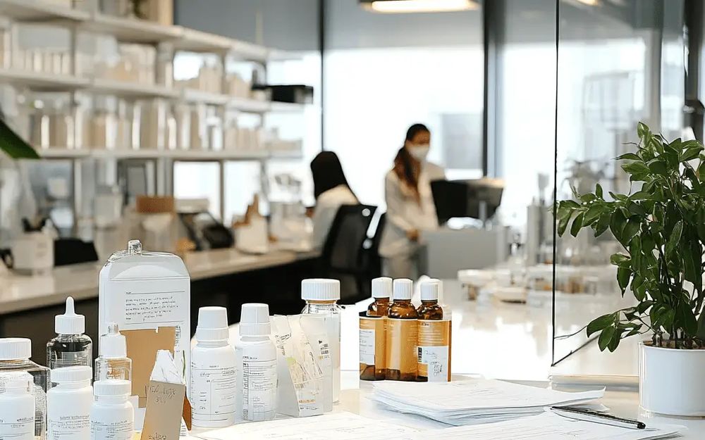Labor von Atrium Healthcare: Musterflaschen und Rezepturunterlagen auf einer Arbeitsfläche