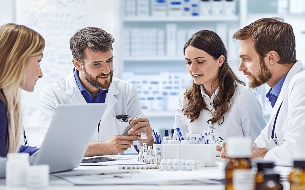 Team aus vier Fachleuten in Kitteln bespricht Produktmuster im Labor
