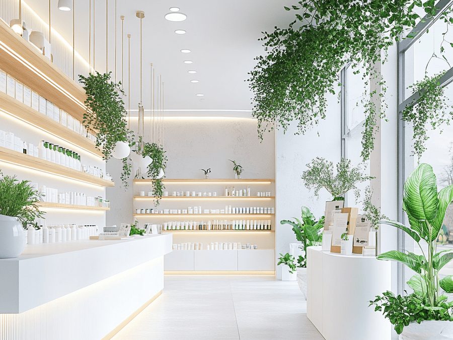 A bright, modern pharmacy with planted shelves and white products