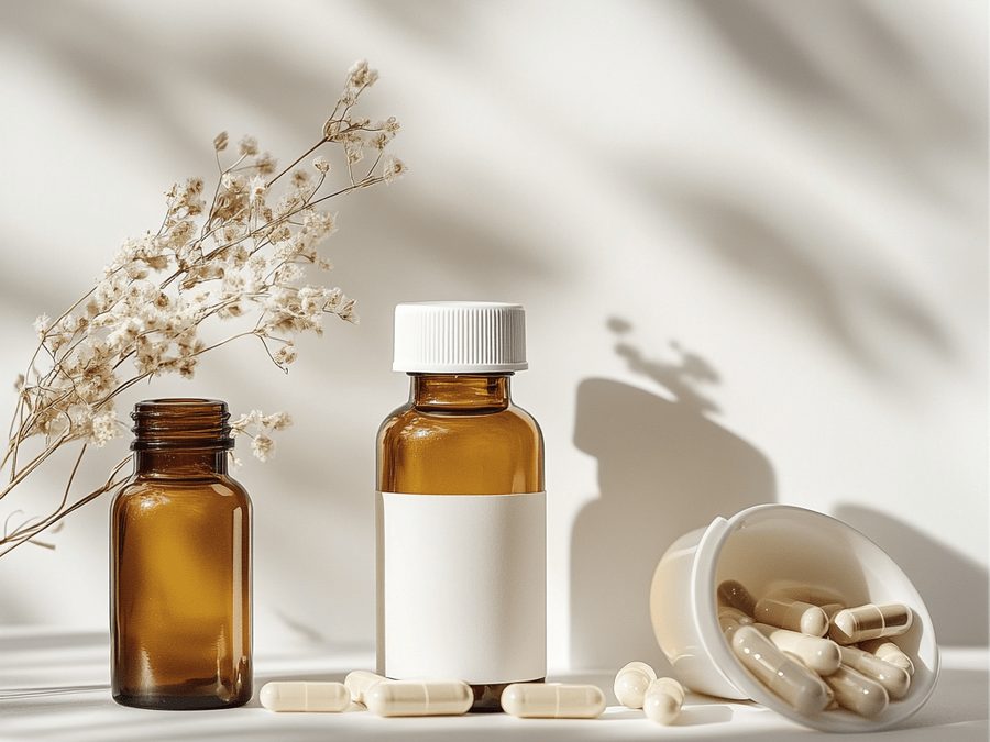 Amber glass bottles with capsules and dried flowers on a light surface