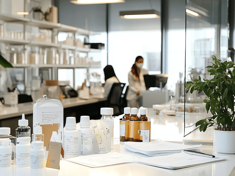 A bright development area with product samples and documents on the work surface