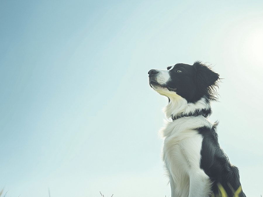 A border collie sitting attentively in a meadow against a bright sky