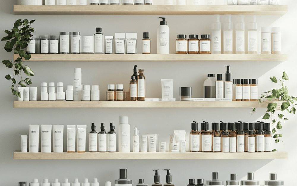 Bright pharmacy shelving with clearly designed healthcare products