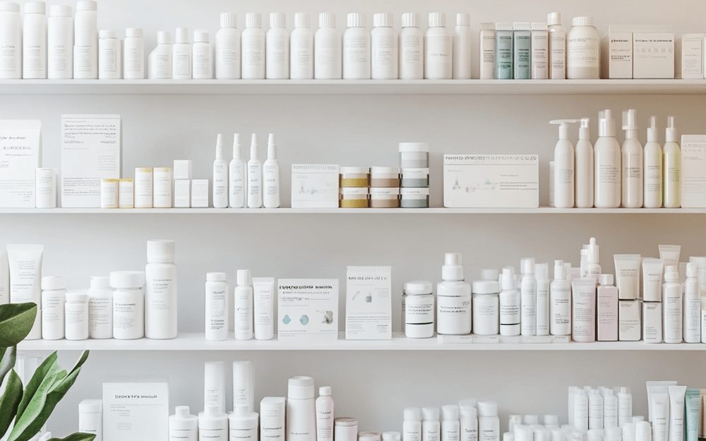 Apothekenregal mit hell gestalteten Gesundheitsprodukten